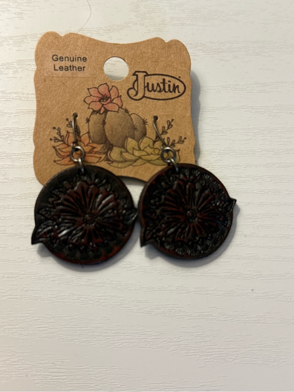 Justin- Dark Brown Tooled Leather Floral Drop Earrings